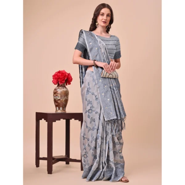 Generic Women's Cotton Printed Saree With Unstitched Blouse 5.5Mtr (Grey) - Image 2