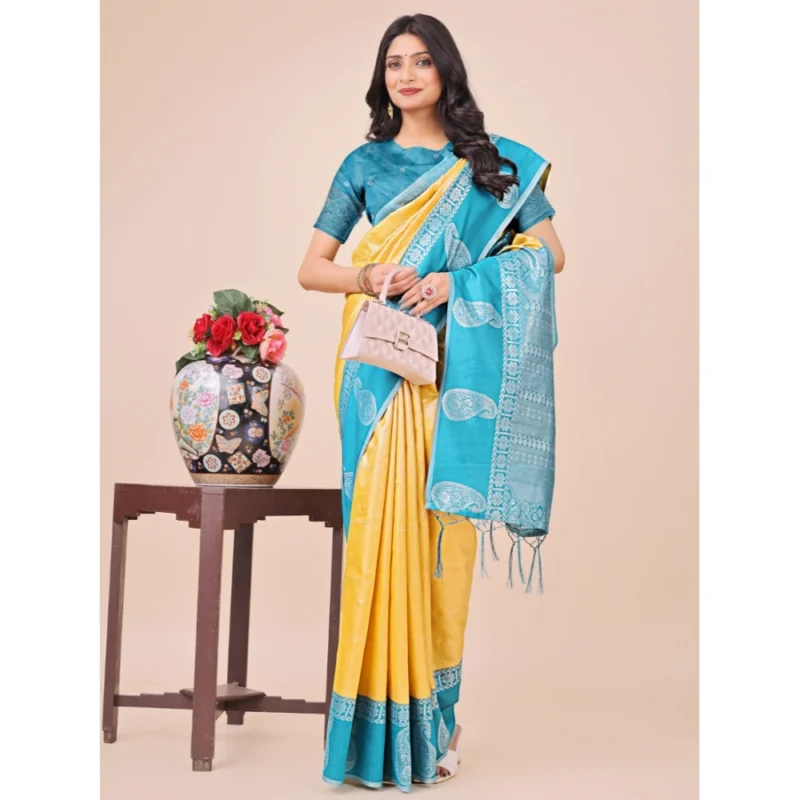 Alternative view of Women's Lichi Silk Printed Saree With Unstitched Blouse 5.5Mtr (Yellow)
