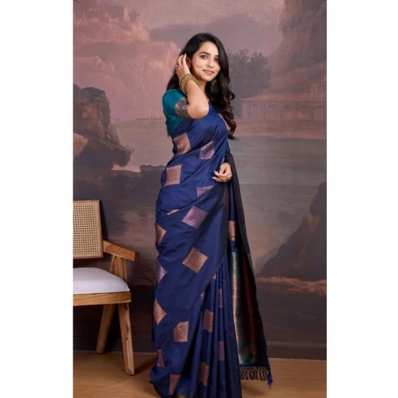 Alternative view of Women's Silk Printed Saree With Unstitched Blouse 5.5Mtr (Navy Blue)
