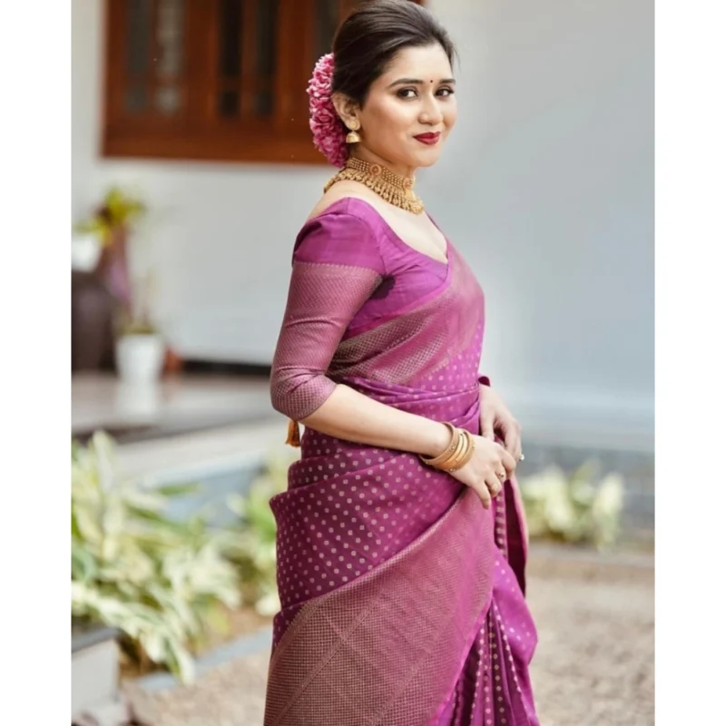 Alternative view of Women's Silk Printed Saree With Unstitched Blouse 5.5Mtr (Purple)