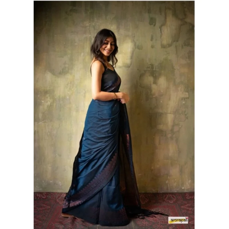 Alternative view of Women's Silk Printed Saree With Unstitched Blouse 5.5Mtr (Navy Blue)