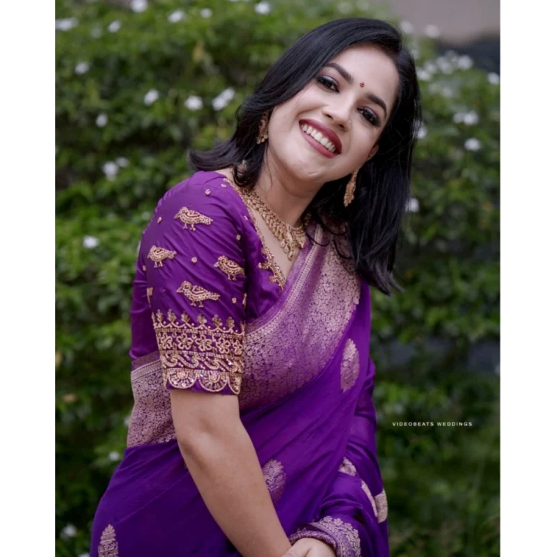 Alternative view of Women's Silk Printed Saree With Unstitched Blouse 5.5Mtr (Purple)