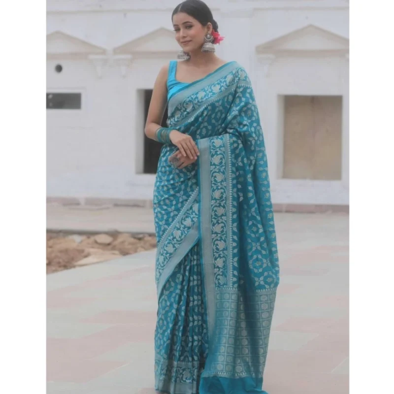 Alternative view of Women's Silk Printed Saree With Unstitched Blouse 5.5Mtr (Sky Blue)