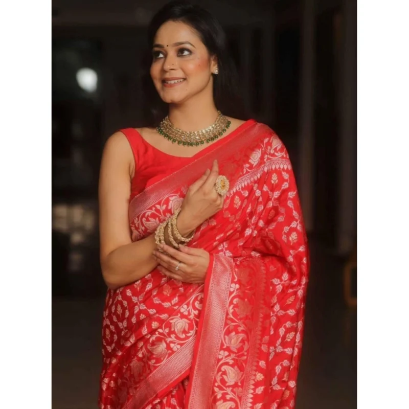 Alternative view of Women's Silk Printed Saree With Unstitched Blouse 5.5Mtr (Orange)