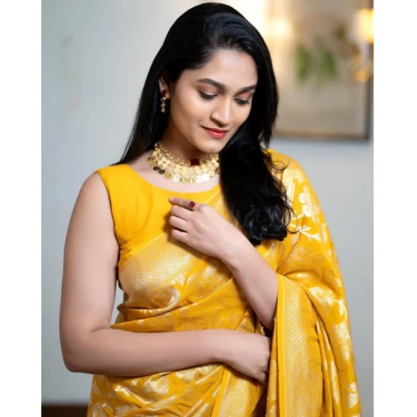 Generic Women's Silk Printed Saree With Unstitched Blouse 5.5Mtr (Yellow) - Image 2