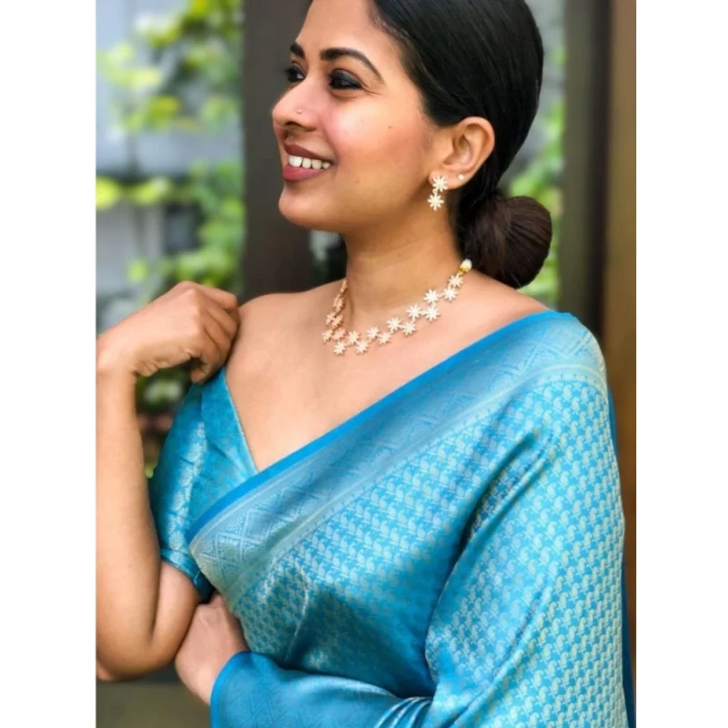 Alternative view of Women's Silk Printed Saree With Unstitched Blouse 5.5Mtr (Sky Blue)