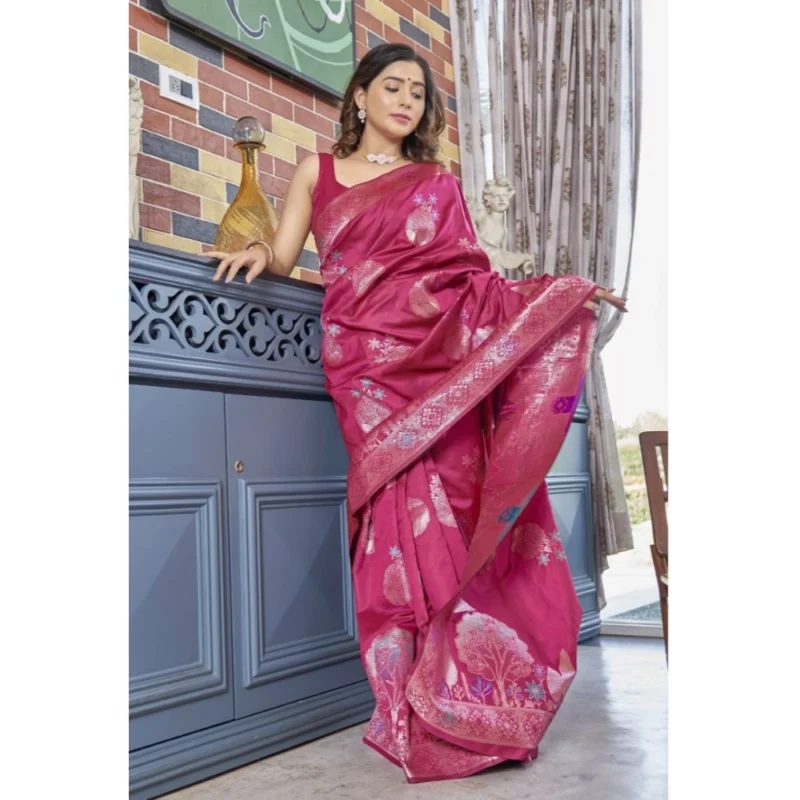 Alternative view of Women's Silk Printed Saree With Unstitched Blouse 5.5Mtr (Rani Pink)