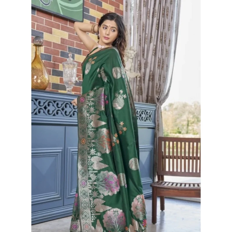 Alternative view of Women's Silk Printed Saree With Unstitched Blouse 5.5Mtr (Green)