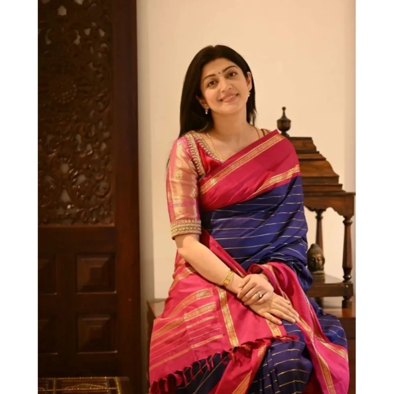 Alternative view of Women's Silk Printed Saree With Unstitched Blouse 5.5Mtr (Navy Blue)