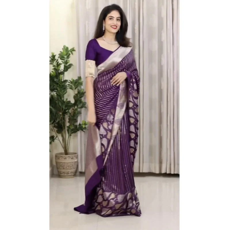 Alternative view of Women's Silk Printed Saree With Unstitched Blouse 5.5Mtr (Purple)