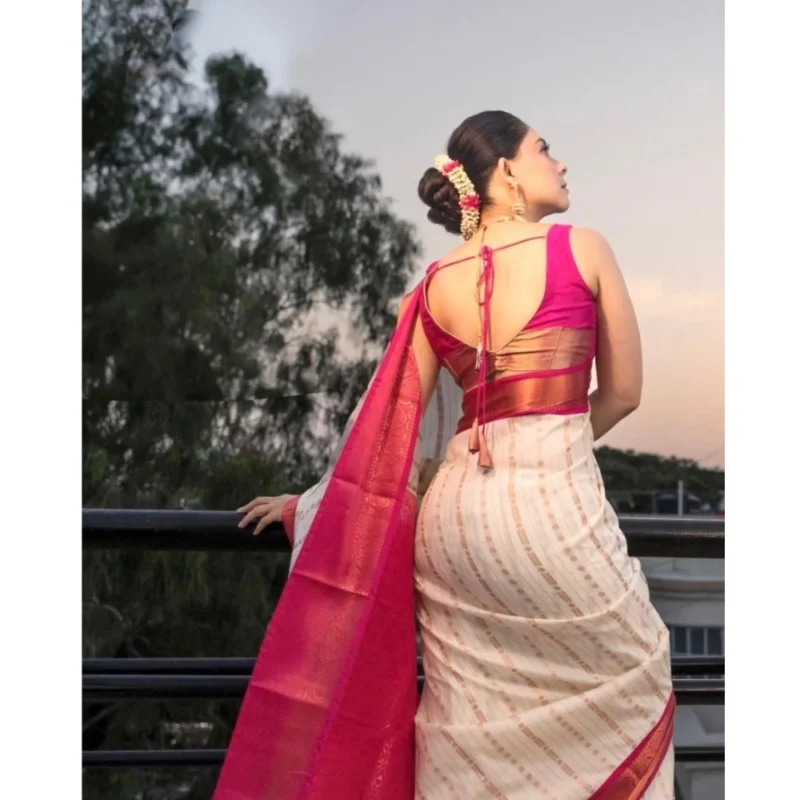 Alternative view of Women's Silk Printed Saree With Unstitched Blouse 5.5Mtr (White-Pink)