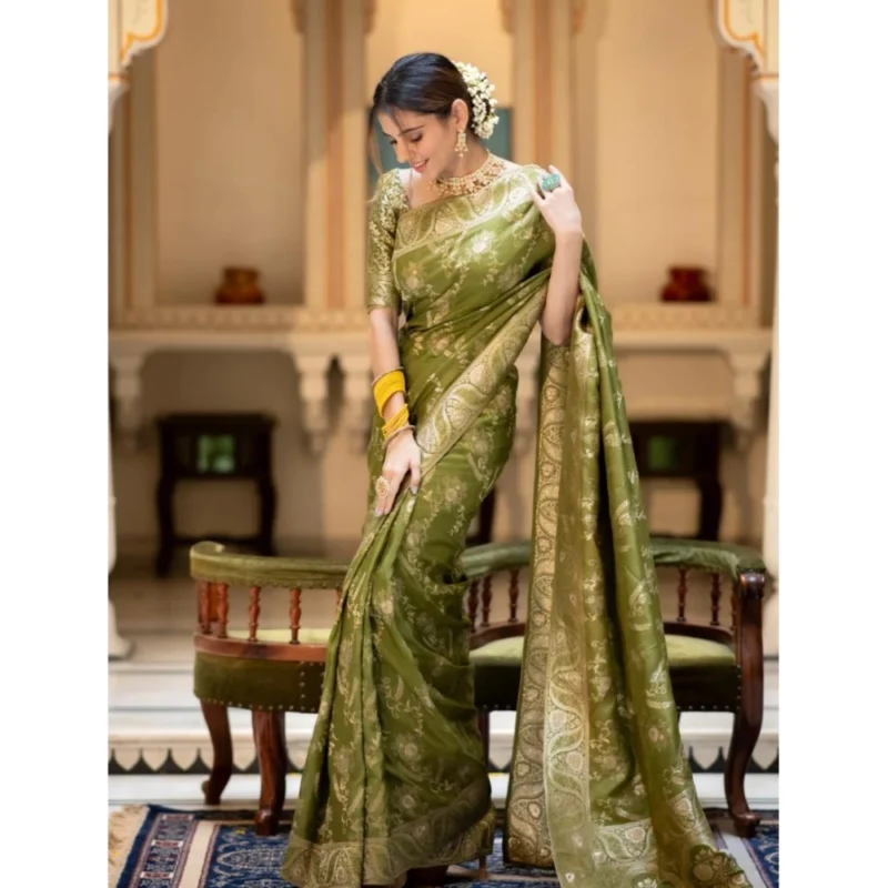 Alternative view of Women's Silk Printed Saree With Unstitched Blouse 5.5Mtr (Olive Green)