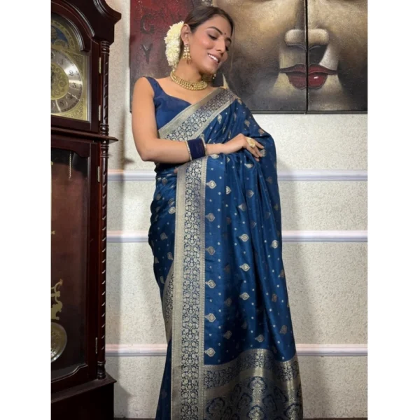 Generic Women's Silk Printed Saree With Unstitched Blouse 5.5Mtr (Rama) - Image 3