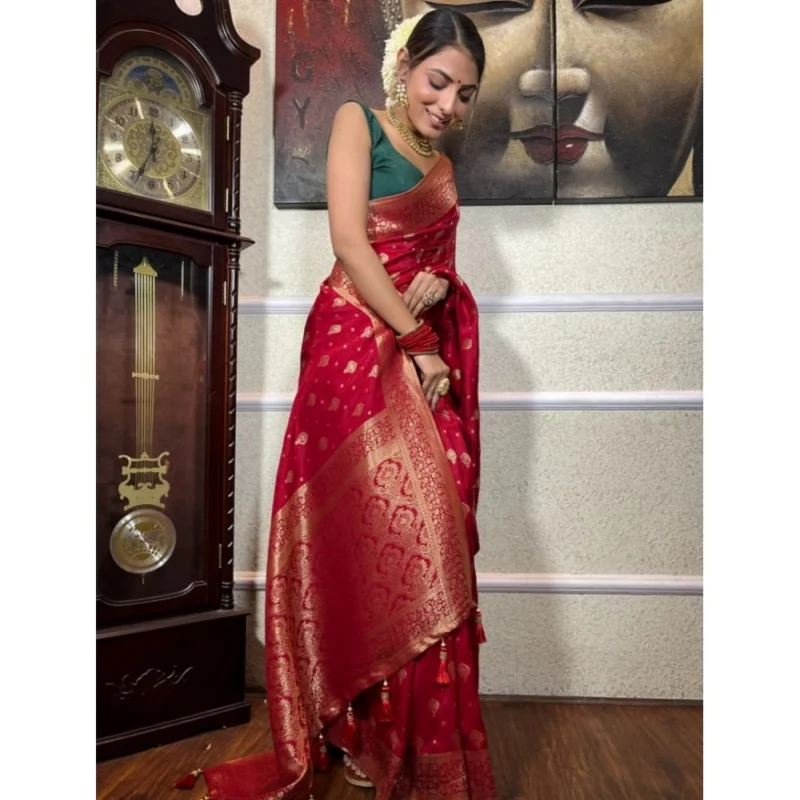 Alternative view of Women's Silk Printed Saree With Unstitched Blouse 5.5Mtr (Red)