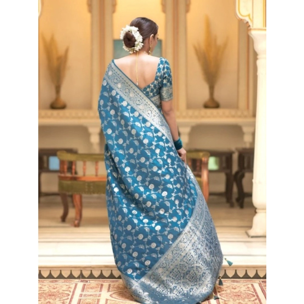 Women's Silk Printed Saree With Unstitched Blouse 5.5Mtr (Rama) - Image 3