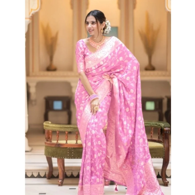 Alternative view of Women's Silk Printed Saree With Unstitched Blouse 5.5Mtr (Pink)