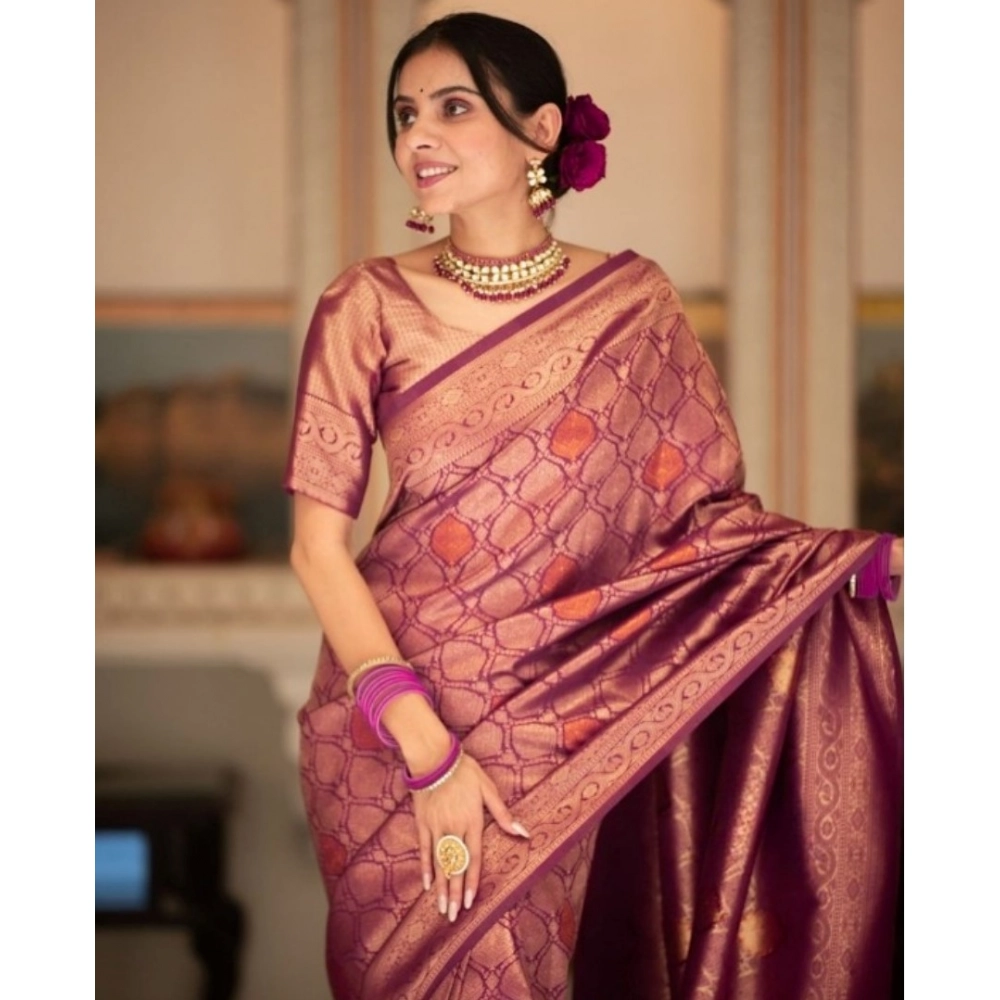 Women's Silk Printed Saree With Unstitched Blouse 5.5Mtr (Wine) - Image 3