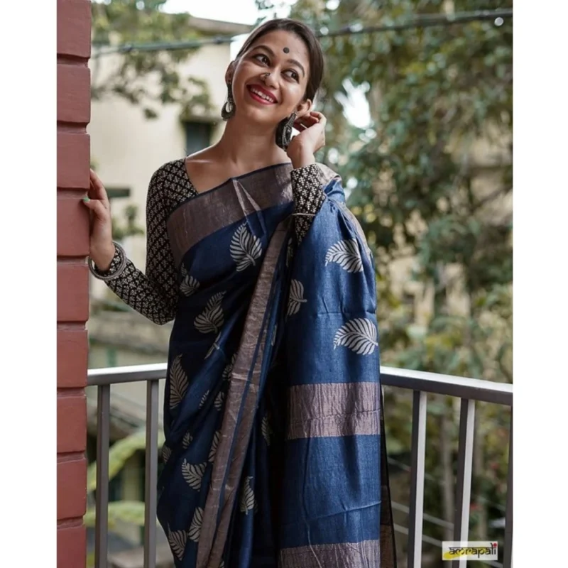 Alternative view of Women's Silk Printed Saree With Unstitched Blouse 5.5Mtr (Navy Blue)
