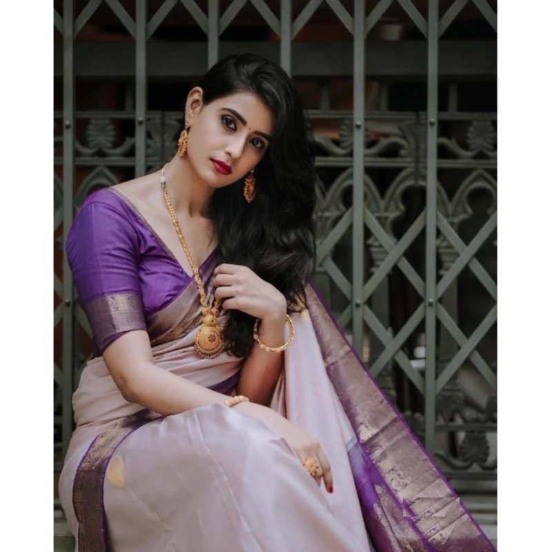 Alternative view of Women's Silk Printed Saree With Unstitched Blouse 5.5Mtr (Purple)