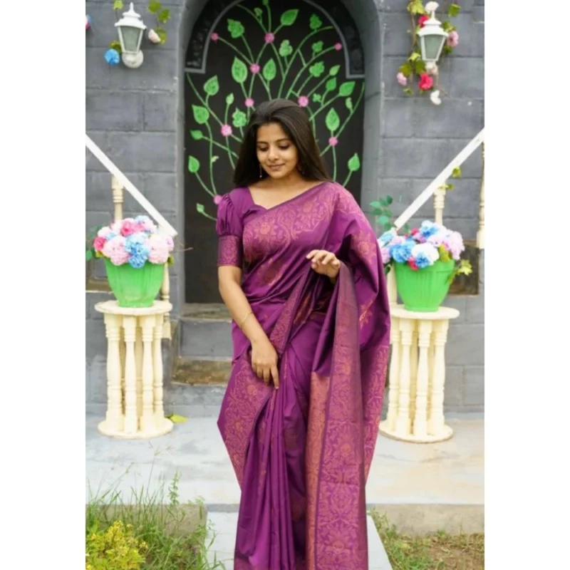 Alternative view of Women's Silk Printed Saree With Unstitched Blouse 5.5Mtr (Purple)