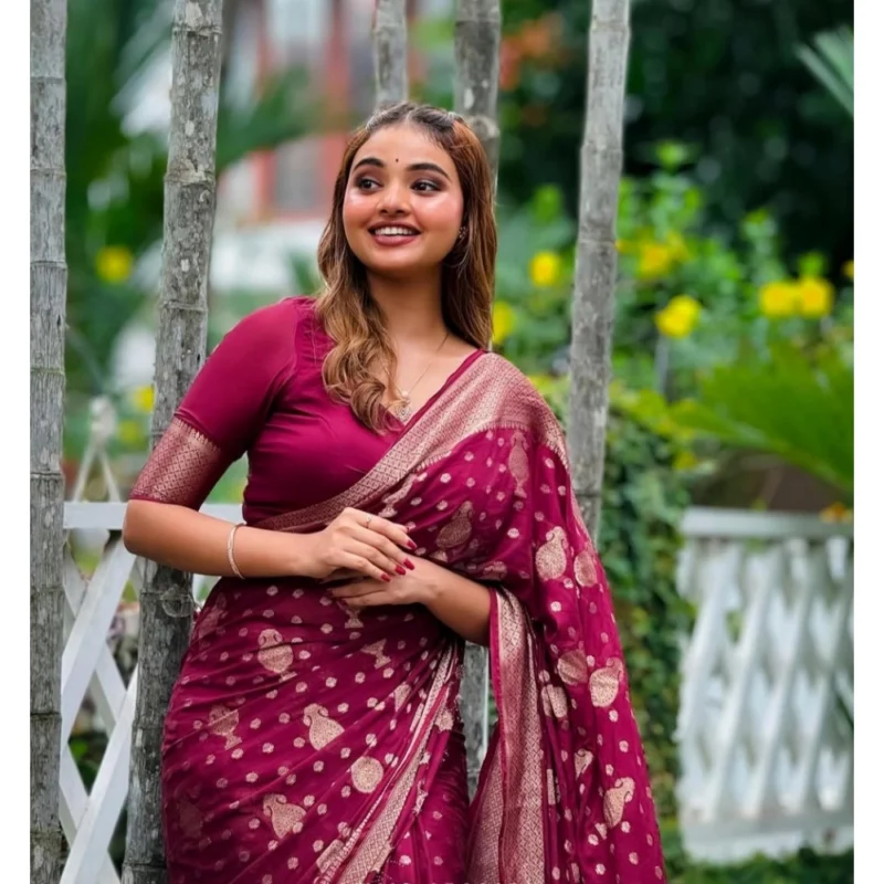 Alternative view of Women's Silk Printed Saree With Unstitched Blouse 5.5Mtr (Wine)