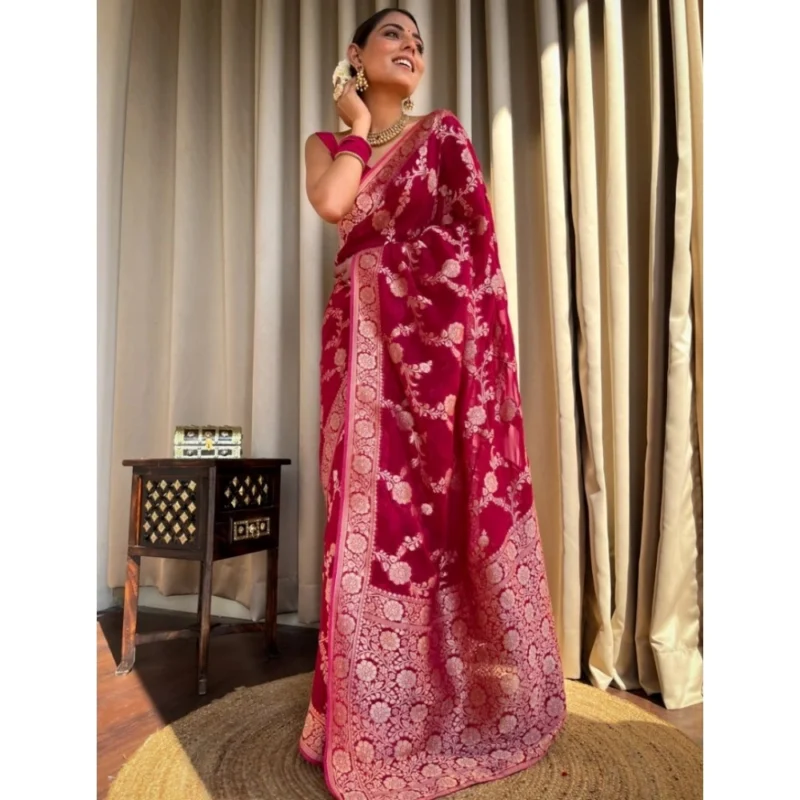 Alternative view of Women's Silk Printed Saree With Unstitched Blouse 5.5Mtr (Pink)