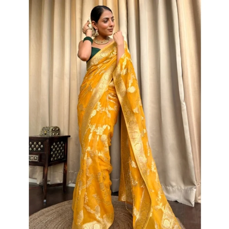 Alternative view of Women's Silk Printed Saree With Unstitched Blouse 5.5Mtr (Gold Yellow)