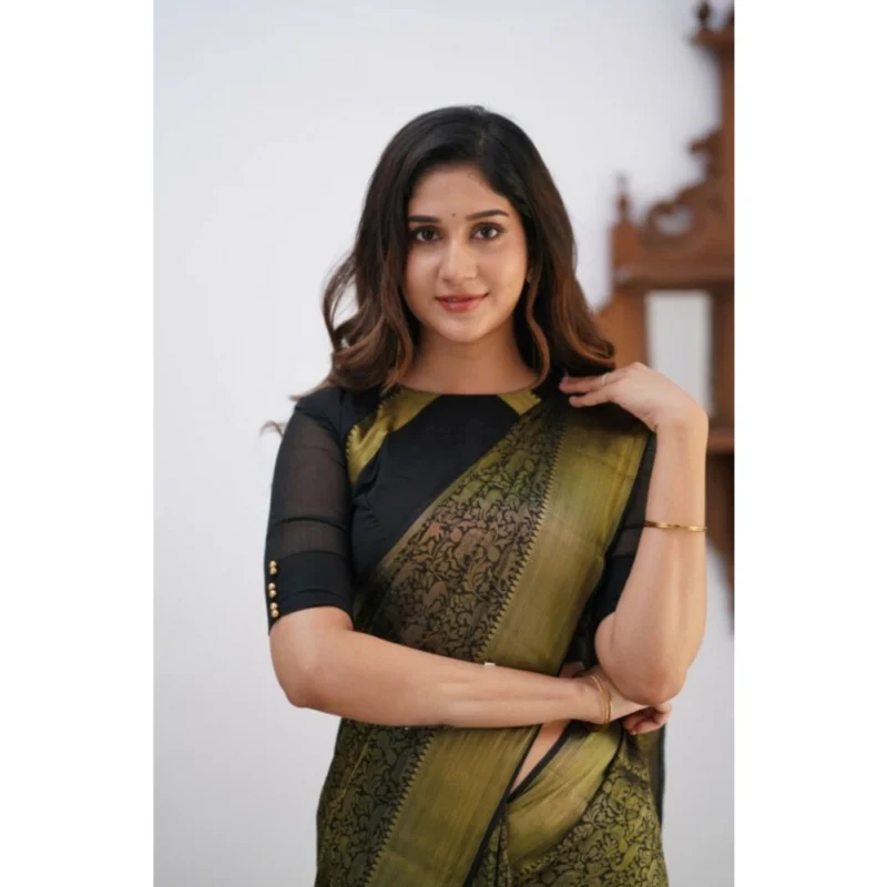Alternative view of Women's Silk Printed Saree With Unstitched Blouse 5.5Mtr (Black)