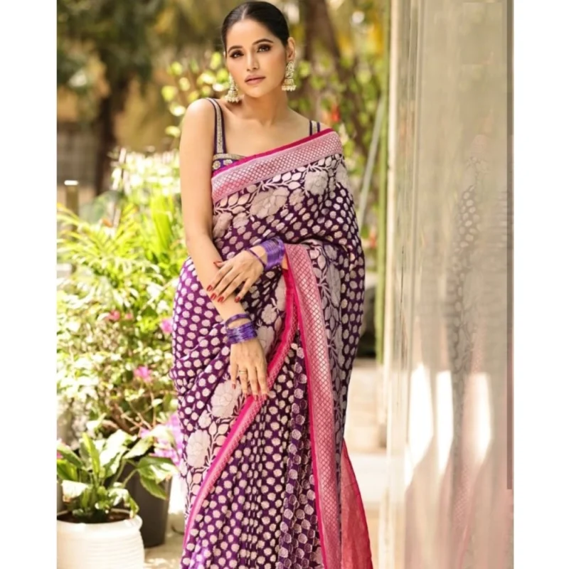 Alternative view of Women's Silk Printed Saree With Unstitched Blouse 5.5Mtr (Purple)