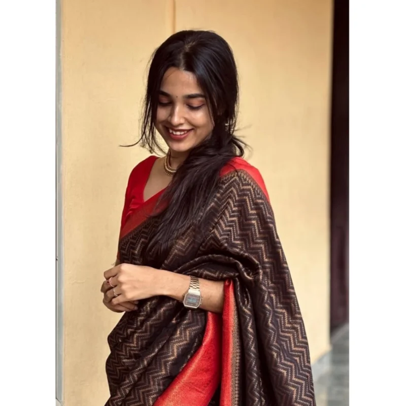 Alternative view of Women's Silk Printed Saree With Unstitched Blouse 5.5Mtr (Brown)