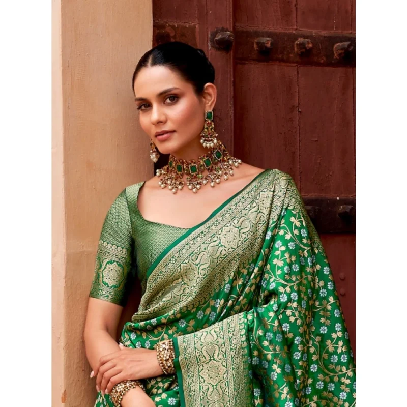 Alternative view of Women's Silk Printed Saree With Unstitched Blouse 5.5Mtr (Green)