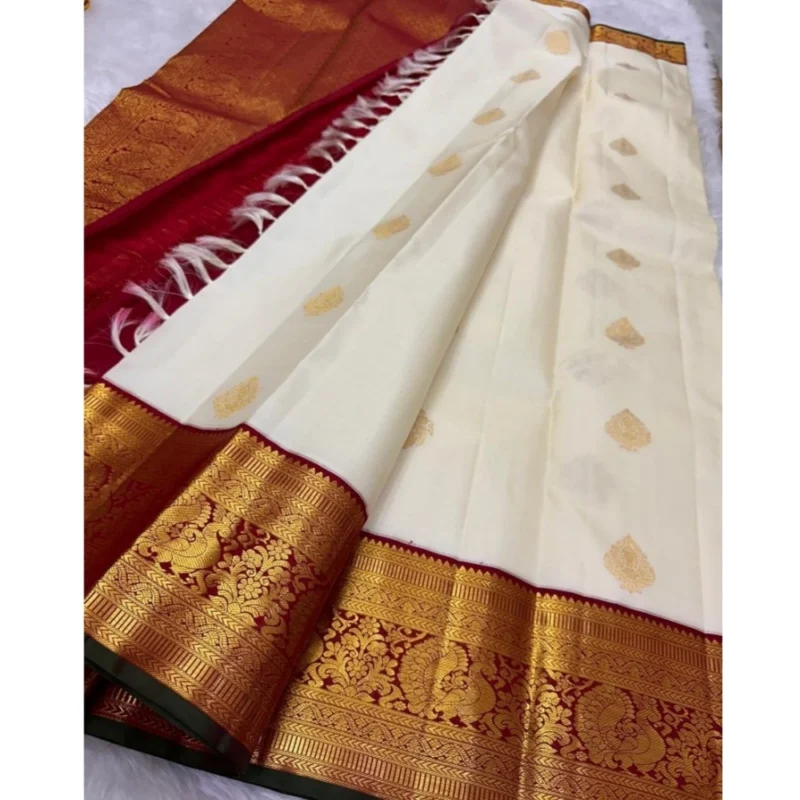 Alternative view of Women's Silk Printed Saree With Unstitched Blouse 5.5Mtr (Off White-Red)