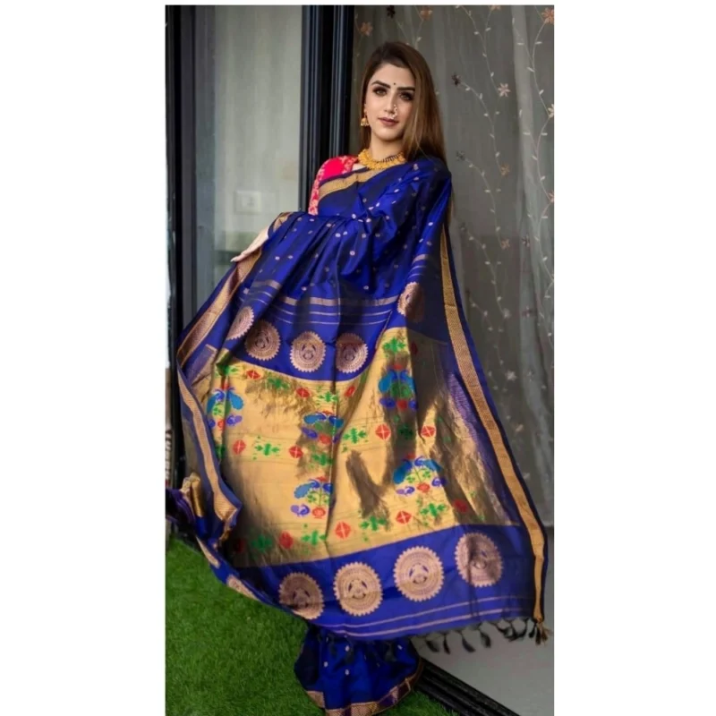 Alternative view of Women's Silk Printed Saree With Unstitched Blouse 5.5Mtr (Blue)