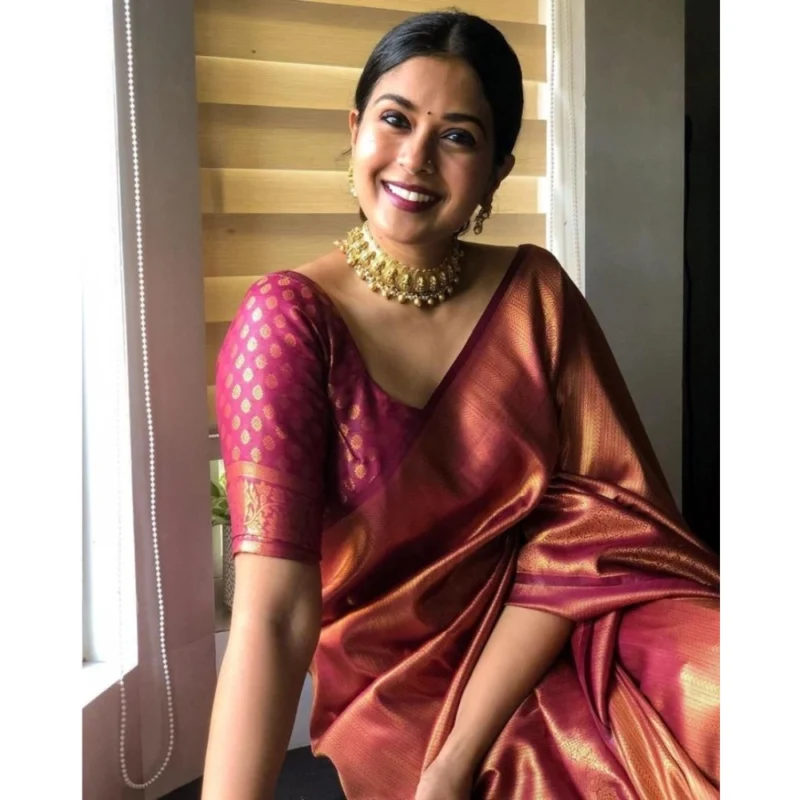 Alternative view of Women's Silk Printed Saree With Unstitched Blouse 5.5Mtr (Maroon)