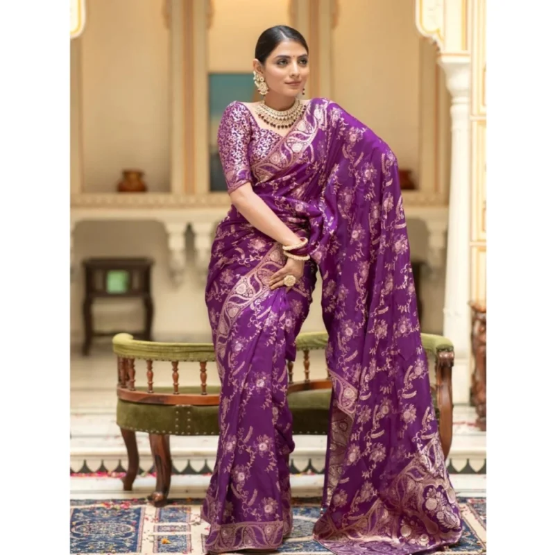 Alternative view of Women's Silk Printed Saree With Unstitched Blouse 5.5Mtr (Purple)