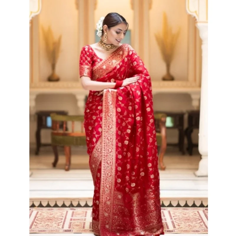 Alternative view of Women's Silk Printed Saree With Unstitched Blouse 5.5Mtr (Red)