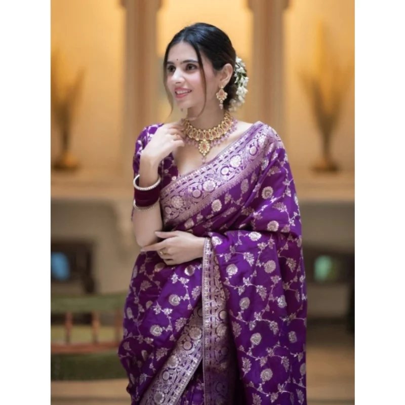 Alternative view of Women's Silk Printed Saree With Unstitched Blouse 5.5Mtr (Purple)