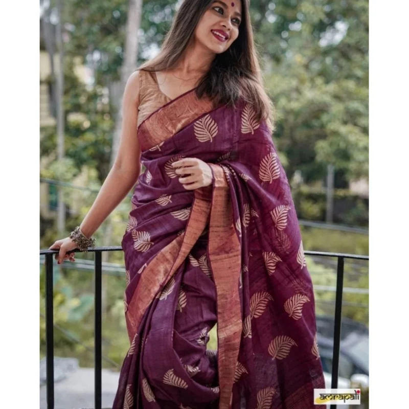 Alternative view of Women's Silk Printed Saree With Unstitched Blouse 5.5Mtr (Purple)