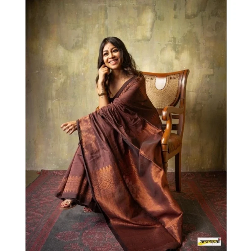 Alternative view of Women's Silk Printed Saree With Unstitched Blouse 5.5Mtr (Coffee)