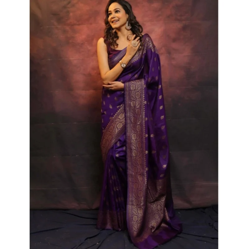 Alternative view of Women's Silk Printed Saree With Unstitched Blouse 5.5Mtr (Purple)