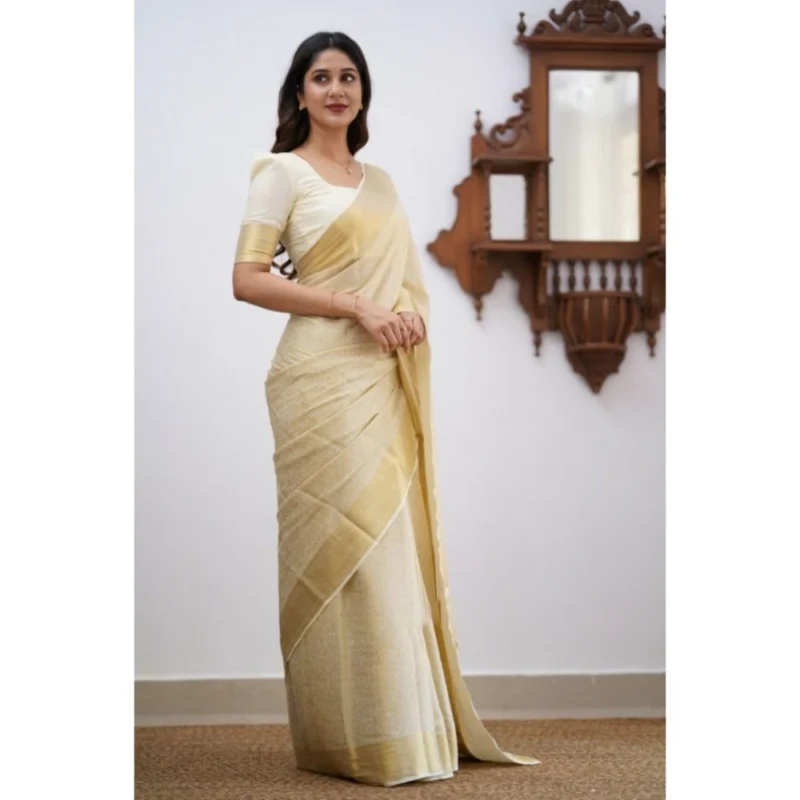 Alternative view of Women's Silk Printed Saree With Unstitched Blouse 5.5Mtr (Cream)