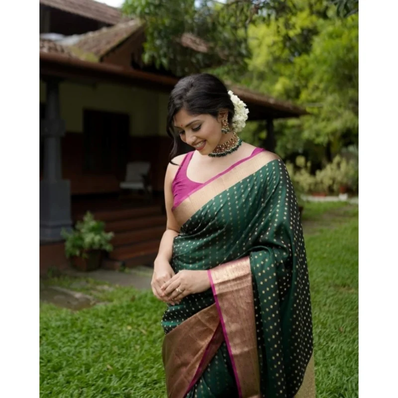 Alternative view of Women's Silk Printed Saree With Unstitched Blouse 5.5Mtr (Green)