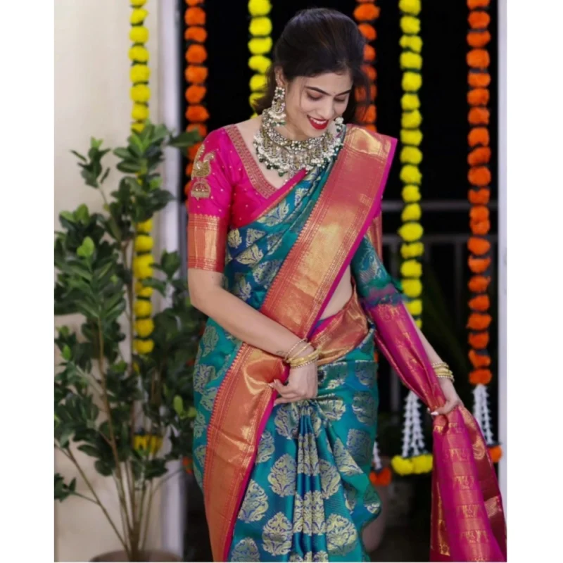 Alternative view of Women's Silk Printed Saree With Unstitched Blouse 5.5Mtr (Teal Blue)