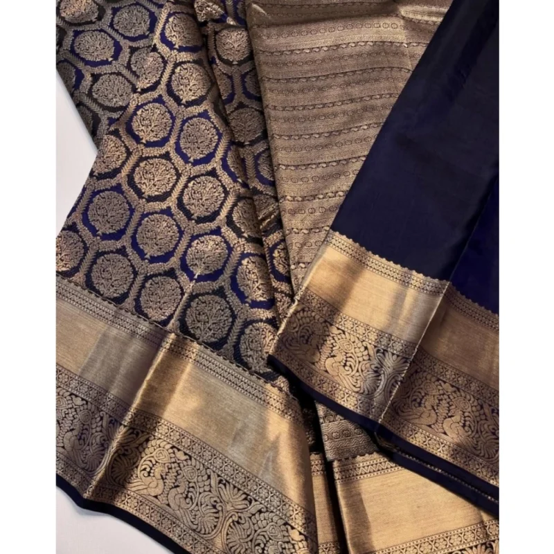 Alternative view of Women's Silk Printed Saree With Unstitched Blouse 5.5Mtr (Navy Blue)