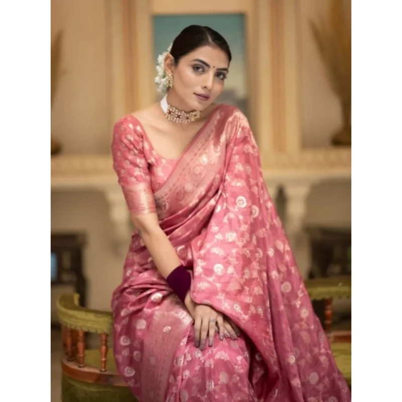 Alternative view of Women's Silk Printed Saree With Unstitched Blouse 5.5Mtr (Peach)