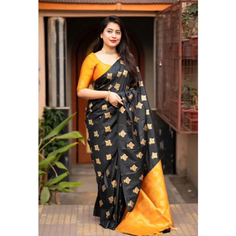 Alternative view of Women's Silk Printed Saree With Unstitched Blouse 5.5Mtr (Yellow)