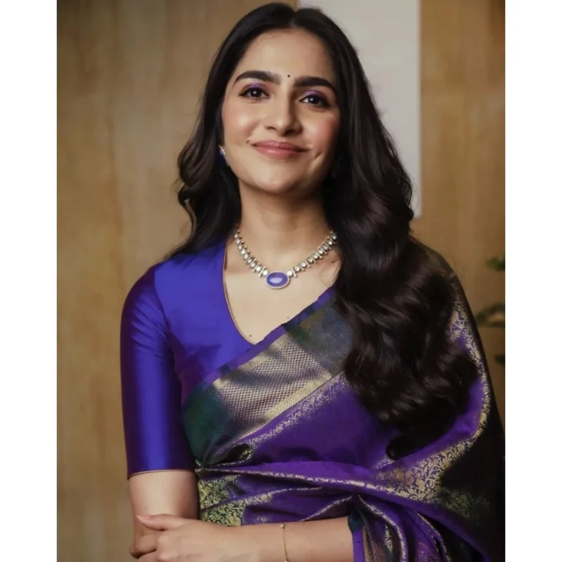 Alternative view of Women's Silk Printed Saree With Unstitched Blouse 5.5Mtr (Purple)