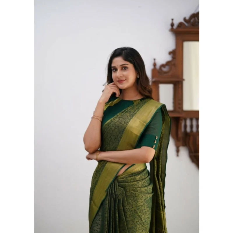 Alternative view of Women's Silk Printed Saree With Unstitched Blouse 5.5Mtr (Green)