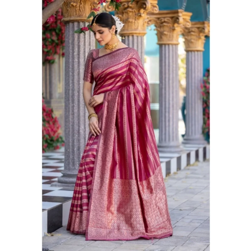 Alternative view of Women's Silk Printed Saree With Unstitched Blouse 5.5Mtr (Pink)