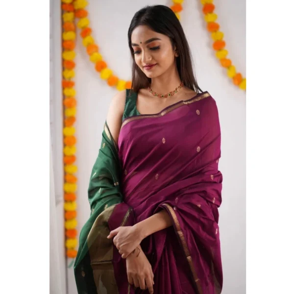 Generic Women's Cotton  Printed Saree With Unstitched Blouse 5.5Mtr (Wine) - Image 2
